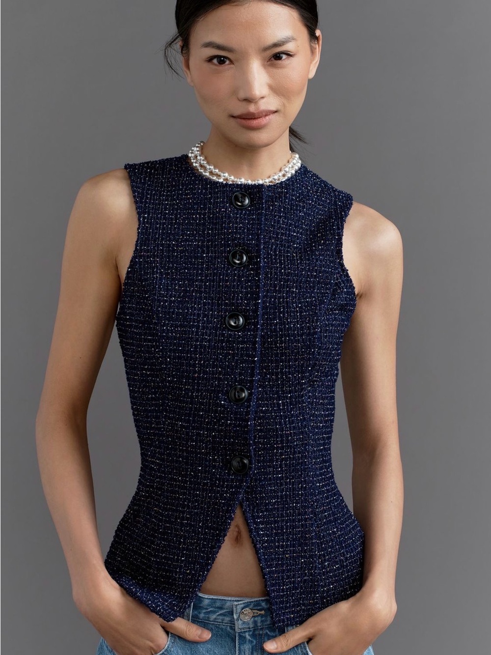 Maeve Sleeveless Navy Tweed Button Front Top